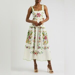 Farm Rio Tropical Romance Floral-embroidered Linen-blend Midi Dress Size M